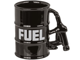 Black Barrel-Shaped Mug with Fuel Nozzle Handle