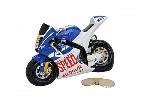 Blue and White Motorcycle Money Box