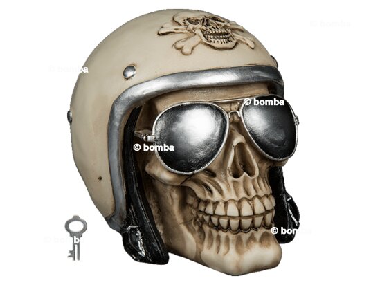 Skull Money Box Wearing a Motorcycle Helmet