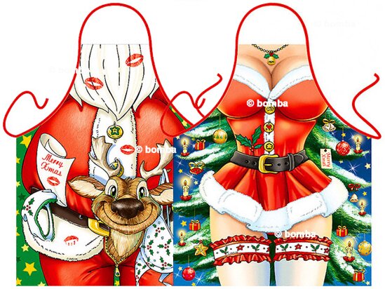 Santa Claus with Reindeer and Santa Girl Apron