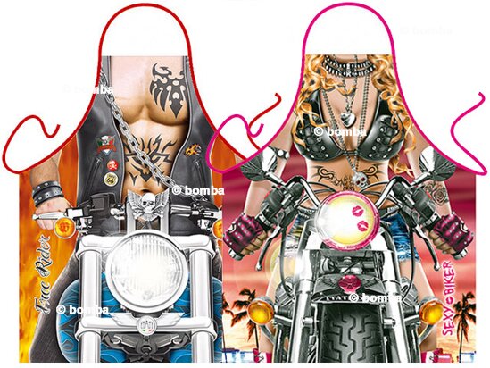 Sexy Biker Man and Woman Aprons